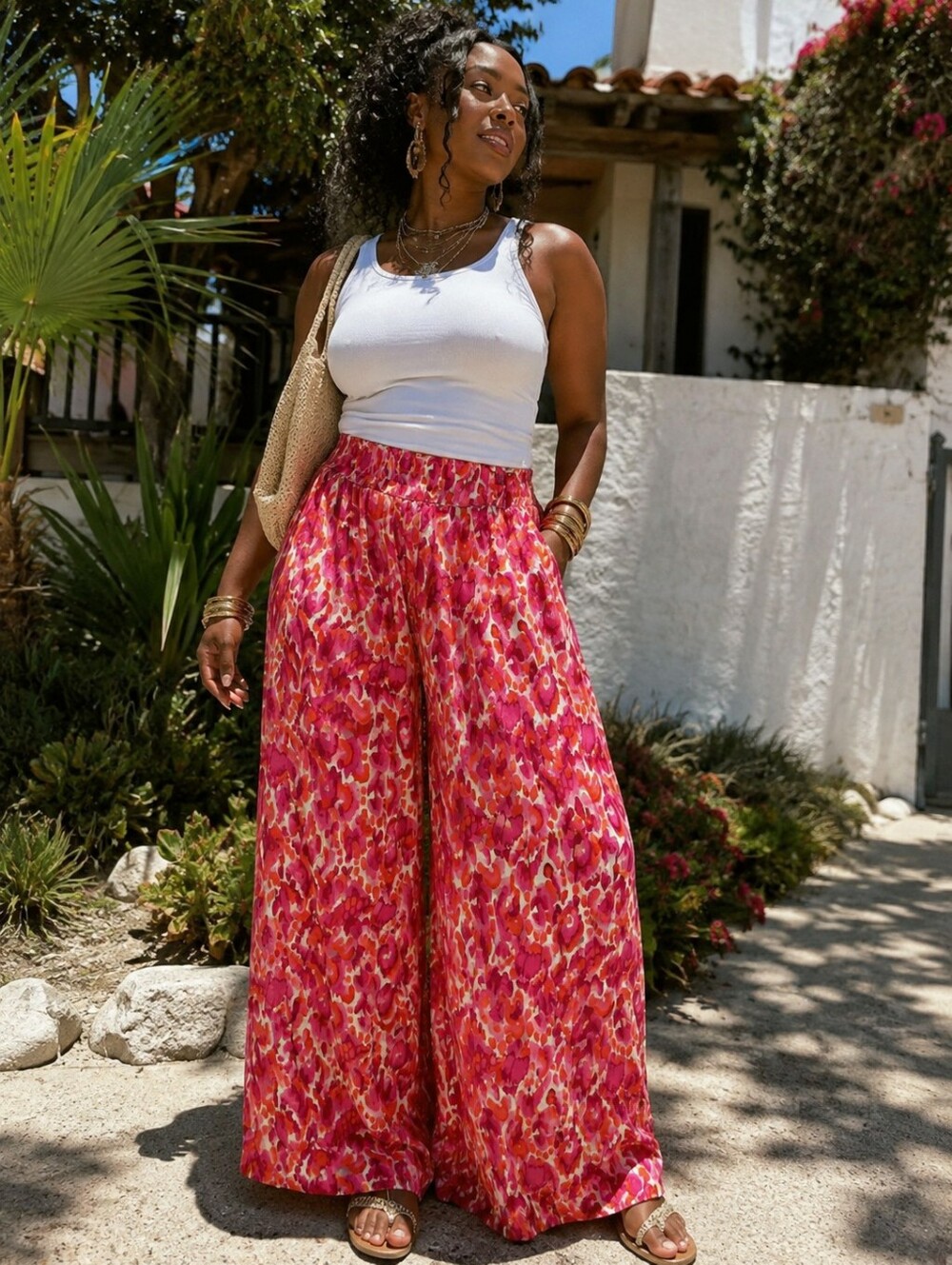 Umgee Pink & Orange Wide Leg Palazzo Pants